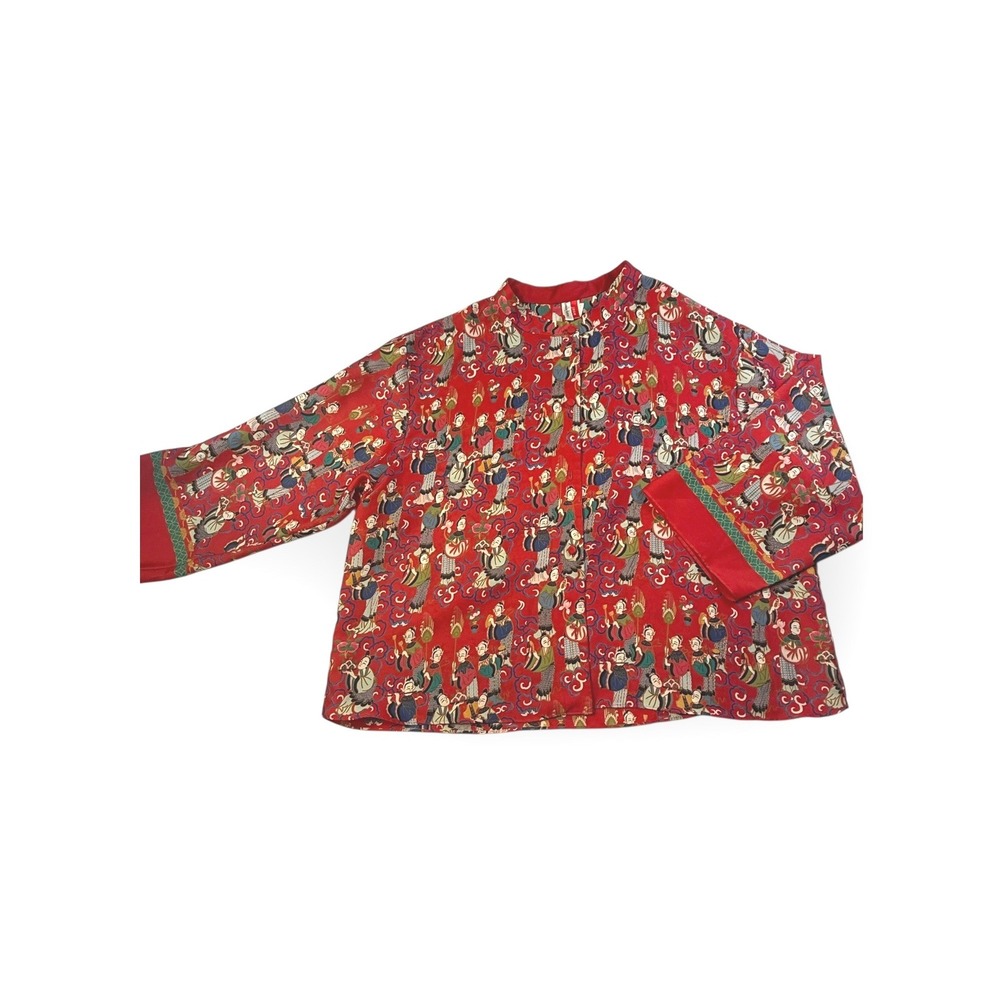 Vintage Neiman‎ Marcus red Josie Mandarin Shirt Women's Red Floral Scene Sz L